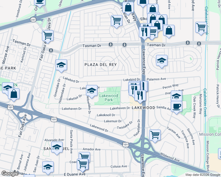 map of restaurants, bars, coffee shops, grocery stores, and more near Bay Trail in Sunnyvale