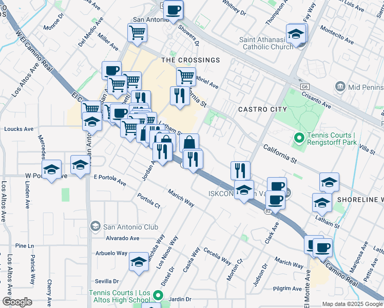 map of restaurants, bars, coffee shops, grocery stores, and more near 2320 West El Camino Real in Mountain View