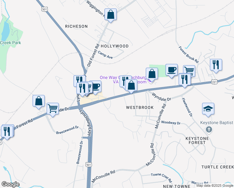 map of restaurants, bars, coffee shops, grocery stores, and more near in Lynchburg