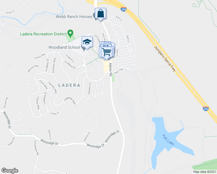 map of restaurants, bars, coffee shops, grocery stores, and more near 3280 Alpine Road in Portola Valley