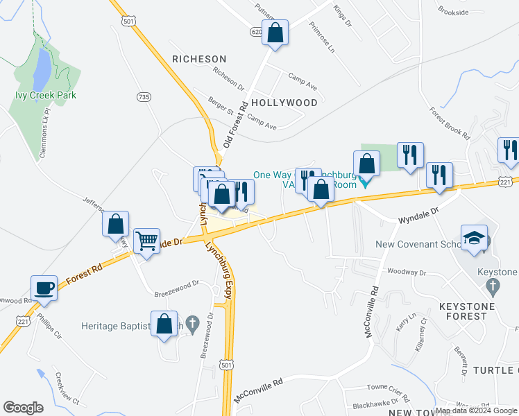 map of restaurants, bars, coffee shops, grocery stores, and more near 119 Whitehall Road in Lynchburg