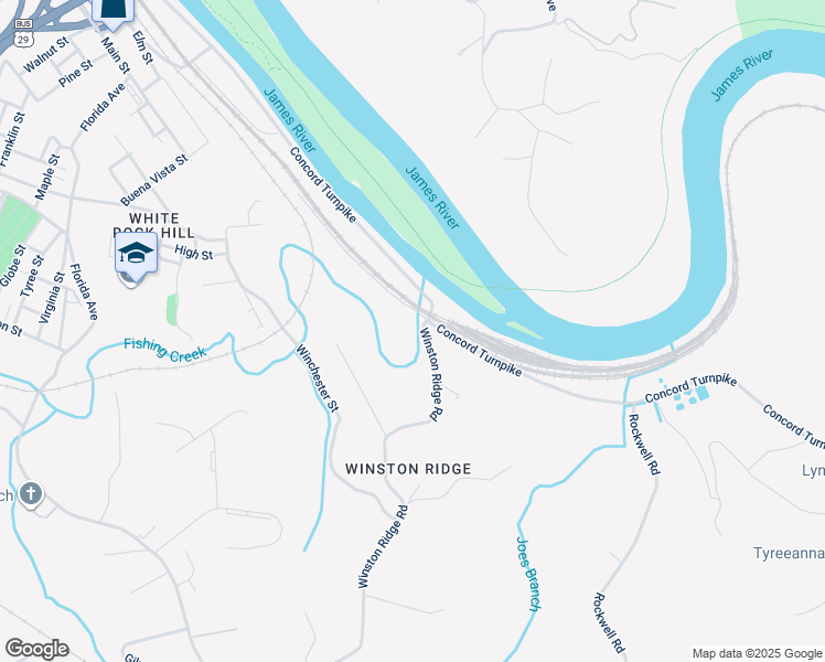 map of restaurants, bars, coffee shops, grocery stores, and more near 2175 Winston Ridge Road in Lynchburg