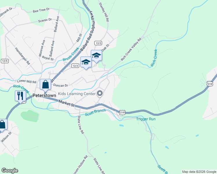 map of restaurants, bars, coffee shops, grocery stores, and more near 192 Rich Creek Valley Road in Peterstown