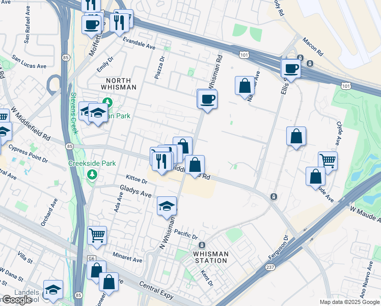 map of restaurants, bars, coffee shops, grocery stores, and more near North Whisman Road in Mountain View