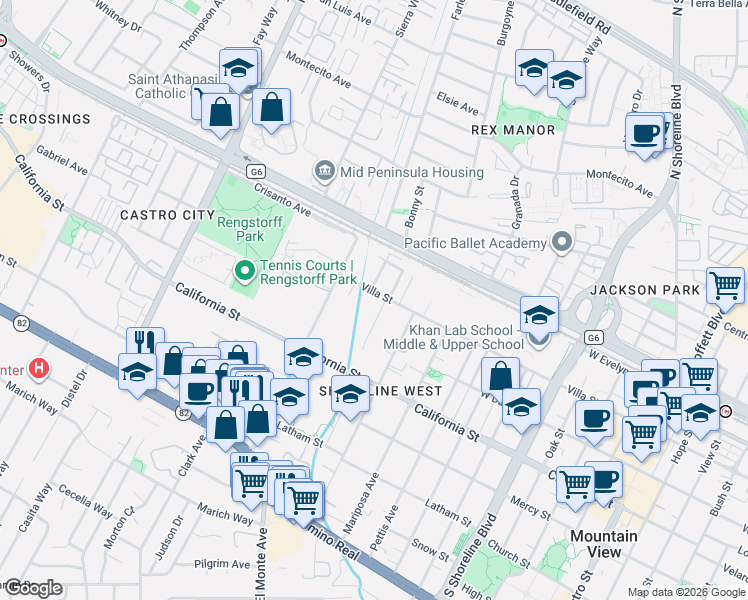map of restaurants, bars, coffee shops, grocery stores, and more near 218 Higdon Avenue in Mountain View