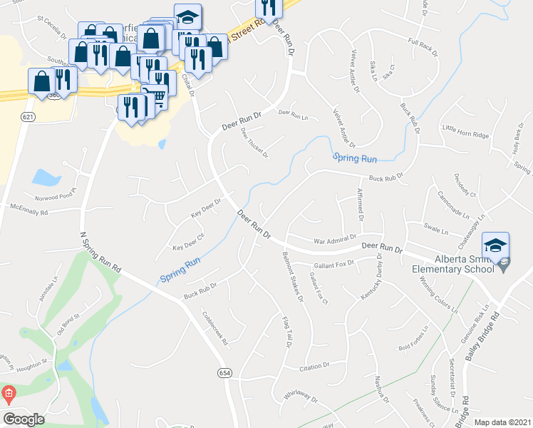 map of restaurants, bars, coffee shops, grocery stores, and more near 7311 Buck Rub Lane in Midlothian