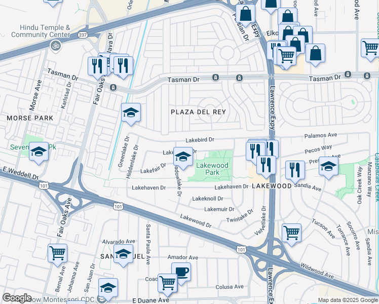 map of restaurants, bars, coffee shops, grocery stores, and more near 750 Lakechime Drive in Sunnyvale