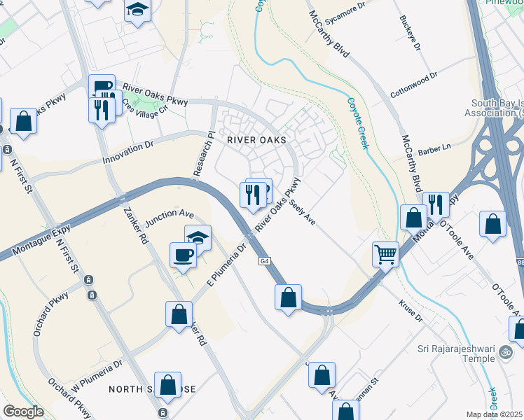 map of restaurants, bars, coffee shops, grocery stores, and more near 390 Elan Village Lane in San Jose