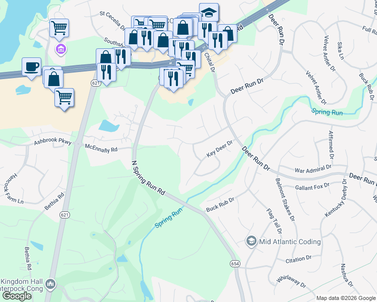 map of restaurants, bars, coffee shops, grocery stores, and more near 7218 Roedeer Drive in Midlothian