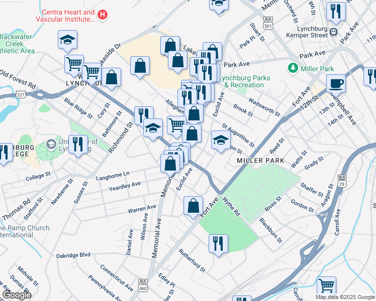 map of restaurants, bars, coffee shops, grocery stores, and more near 2909 Memorial Avenue in Lynchburg