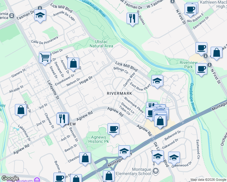 map of restaurants, bars, coffee shops, grocery stores, and more near 1121 Doyle Circle in Santa Clara