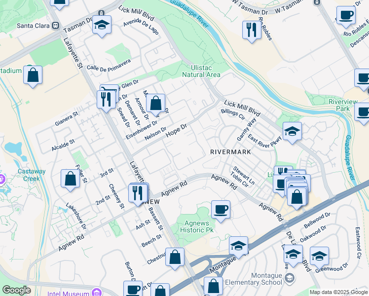 map of restaurants, bars, coffee shops, grocery stores, and more near 1660 Hope Drive in Santa Clara