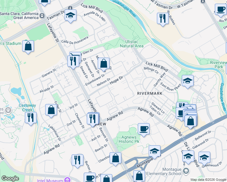 map of restaurants, bars, coffee shops, grocery stores, and more near 1650 Hope Drive in Santa Clara
