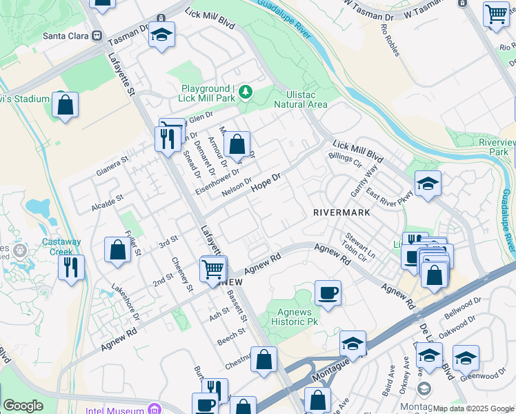 map of restaurants, bars, coffee shops, grocery stores, and more near 1818 Garzoni Place in Santa Clara