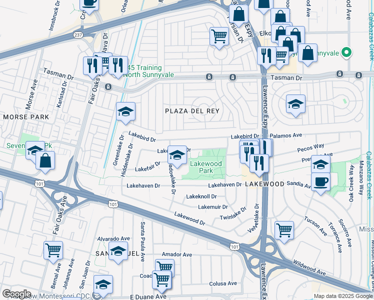map of restaurants, bars, coffee shops, grocery stores, and more near 750 Lakechime Drive in Sunnyvale