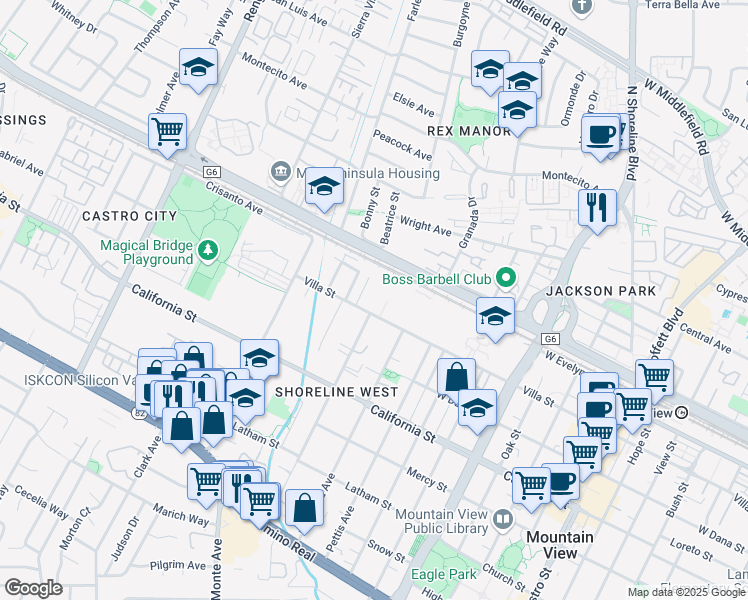map of restaurants, bars, coffee shops, grocery stores, and more near 1702 Villa Street in Mountain View