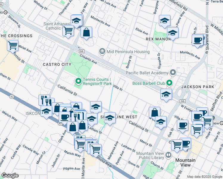 map of restaurants, bars, coffee shops, grocery stores, and more near 263 Escuela Avenue in Mountain View