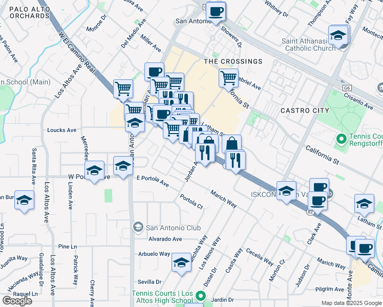map of restaurants, bars, coffee shops, grocery stores, and more near 856 Jordan Avenue in Los Altos