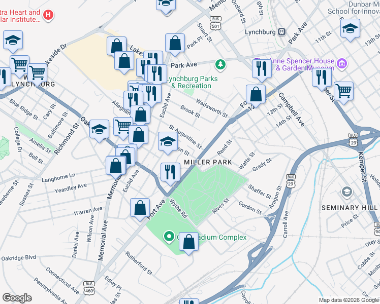 map of restaurants, bars, coffee shops, grocery stores, and more near 309-399 Kenyon Street in Lynchburg