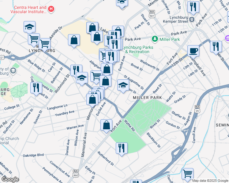 map of restaurants, bars, coffee shops, grocery stores, and more near 608 Euclid Avenue in Lynchburg