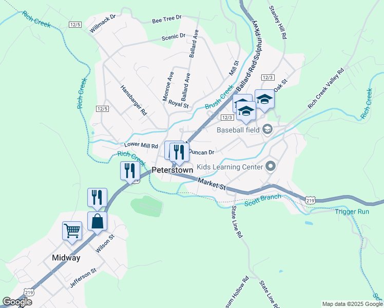 map of restaurants, bars, coffee shops, grocery stores, and more near 165 Race Street in Peterstown
