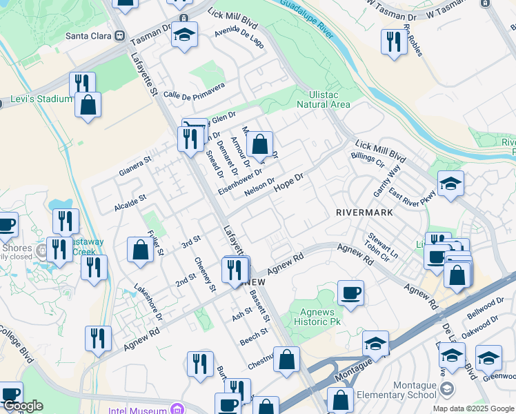 map of restaurants, bars, coffee shops, grocery stores, and more near 1901 Garzoni Place in Santa Clara