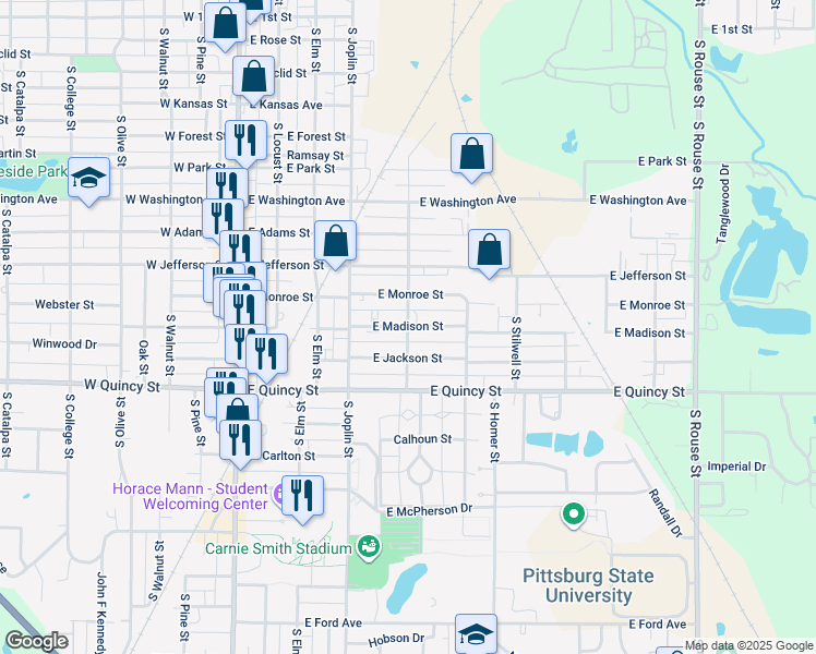 map of restaurants, bars, coffee shops, grocery stores, and more near 1101 South Smelter Street in Pittsburg