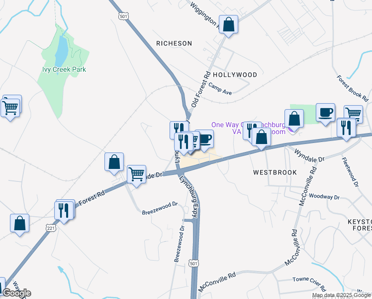 map of restaurants, bars, coffee shops, grocery stores, and more near 104 Whitehall Road in Lynchburg
