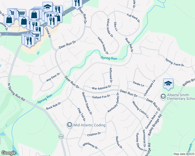 map of restaurants, bars, coffee shops, grocery stores, and more near 13902 Belmont Stakes Court in Midlothian