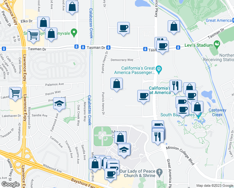 map of restaurants, bars, coffee shops, grocery stores, and more near 4701 Patrick Henry Drive in Santa Clara