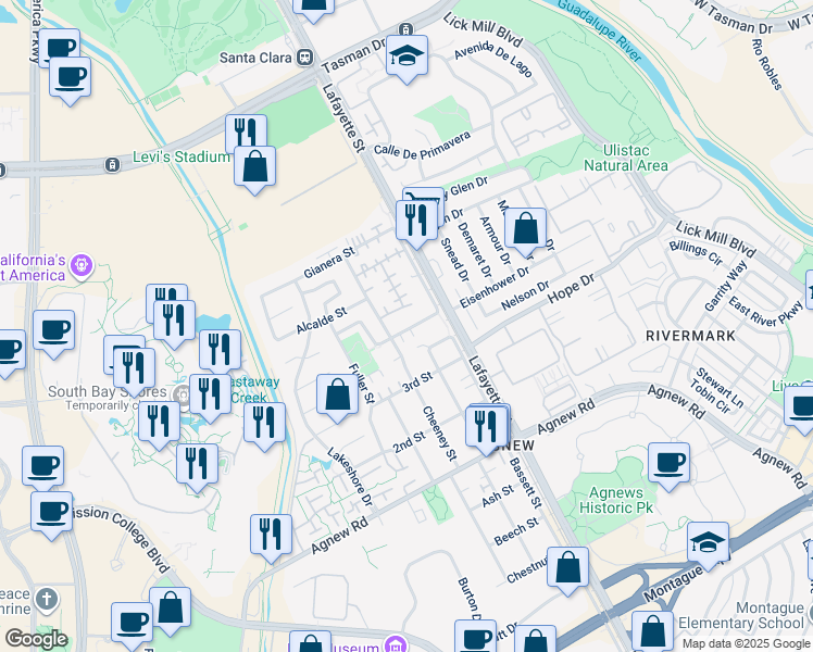 map of restaurants, bars, coffee shops, grocery stores, and more near 2183 Esperanca Avenue in Santa Clara