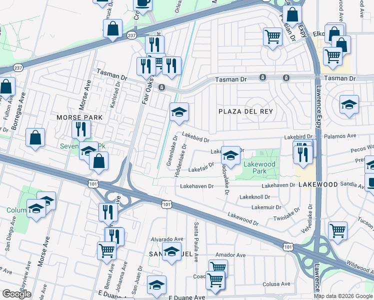 map of restaurants, bars, coffee shops, grocery stores, and more near 321 Lakechime Drive in Sunnyvale
