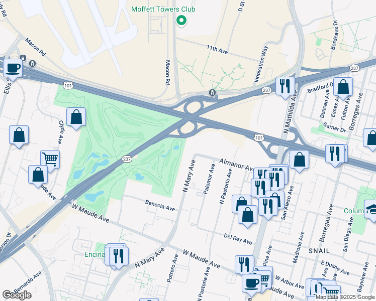 map of restaurants, bars, coffee shops, grocery stores, and more near 785 North Mary Avenue in Sunnyvale