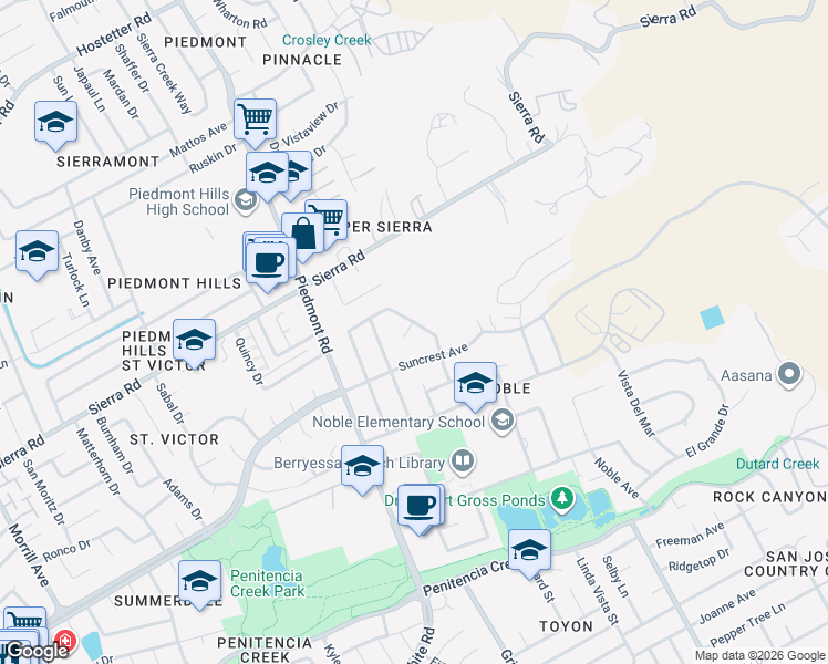 map of restaurants, bars, coffee shops, grocery stores, and more near 3384 Burgundy Drive in San Jose