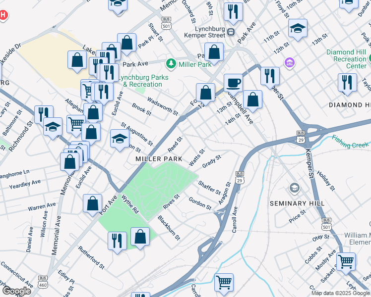 map of restaurants, bars, coffee shops, grocery stores, and more near 8 Beverly Street in Lynchburg