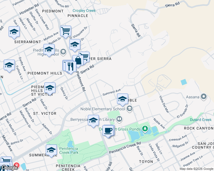 map of restaurants, bars, coffee shops, grocery stores, and more near 3384 Burgundy Drive in San Jose