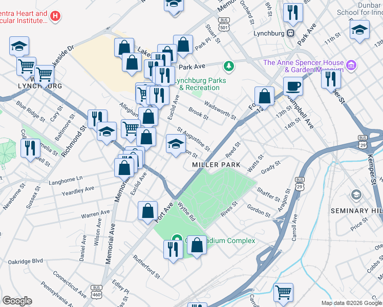map of restaurants, bars, coffee shops, grocery stores, and more near 309 Kenyon Street in Lynchburg