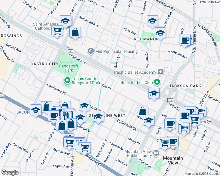 map of restaurants, bars, coffee shops, grocery stores, and more near 1 Higdon Avenue in Mountain View