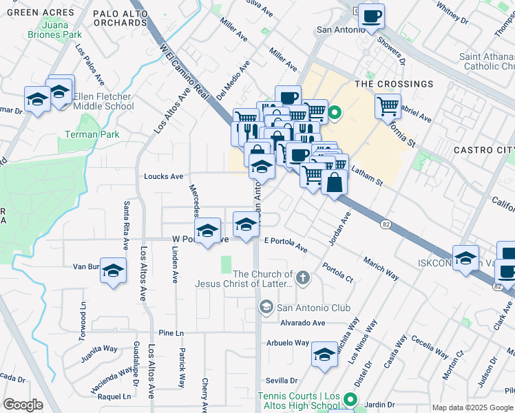 map of restaurants, bars, coffee shops, grocery stores, and more near N San Antonio Rd & Pasa Robles Ave in Los Altos