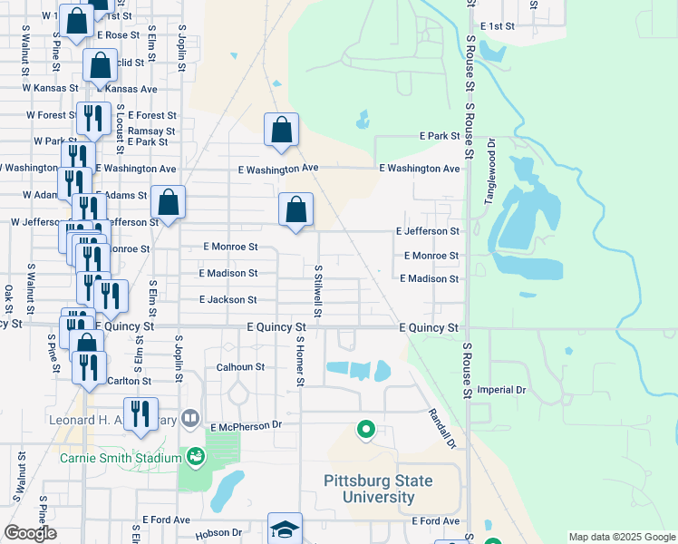 map of restaurants, bars, coffee shops, grocery stores, and more near 702 East Madison Street in Pittsburg