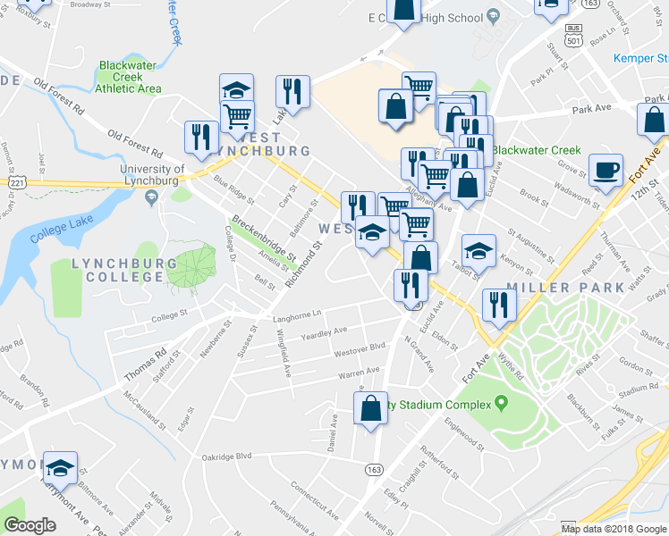 map of restaurants, bars, coffee shops, grocery stores, and more near 239 McWane Circle in Lynchburg