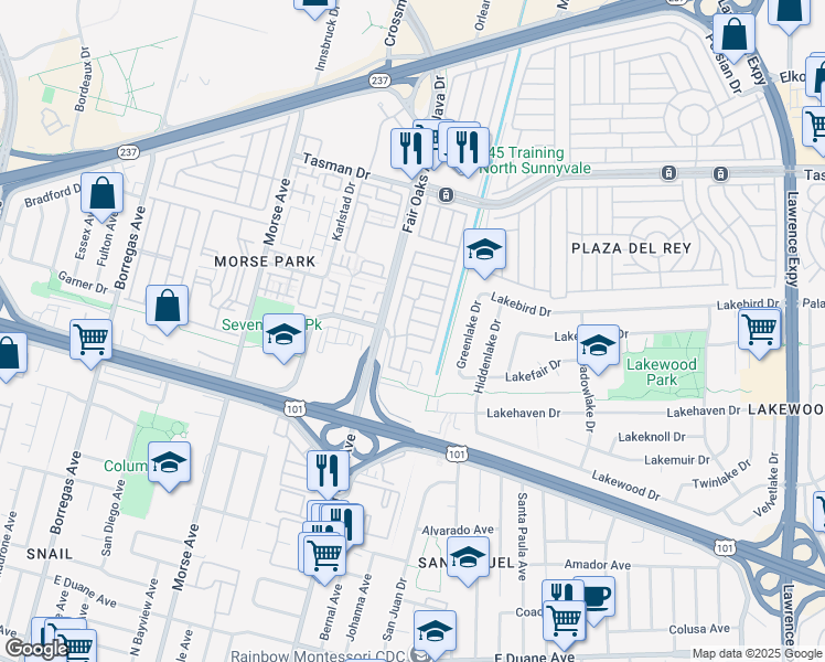 map of restaurants, bars, coffee shops, grocery stores, and more near 600 East Weddell Drive in Sunnyvale