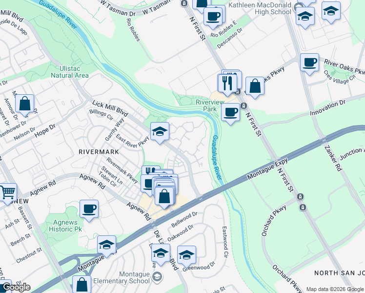 map of restaurants, bars, coffee shops, grocery stores, and more near 496 Mansion Park Drive in Santa Clara