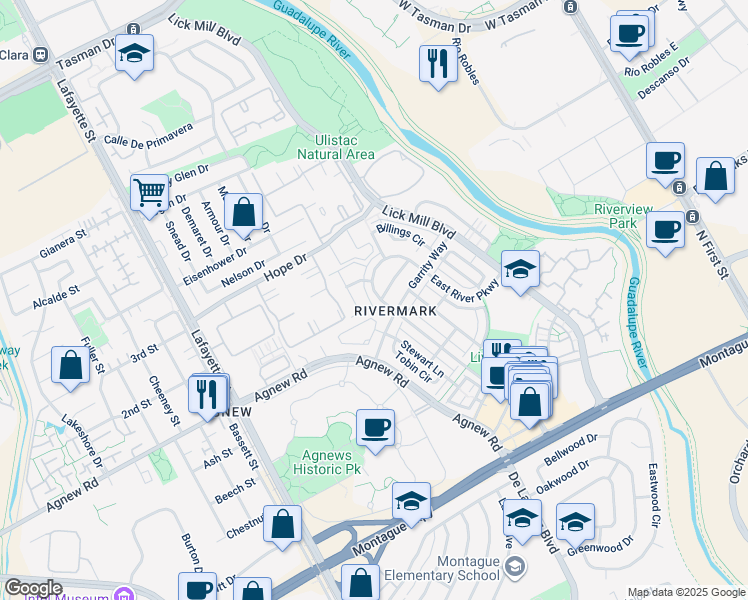 map of restaurants, bars, coffee shops, grocery stores, and more near 1121 Doyle Circle in Santa Clara