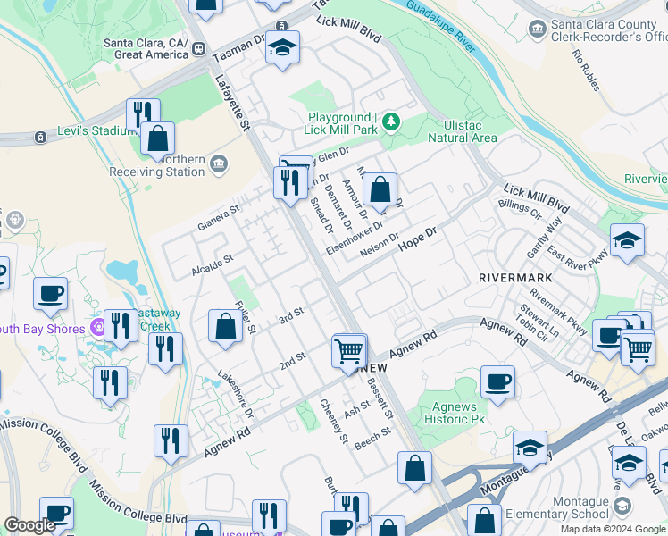 map of restaurants, bars, coffee shops, grocery stores, and more near 4551 Lafayette Street in Santa Clara