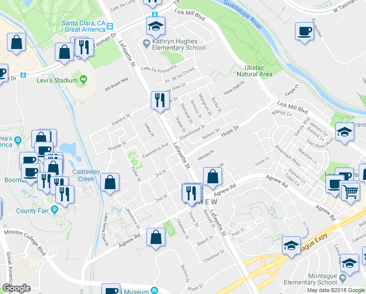 map of restaurants, bars, coffee shops, grocery stores, and more near 4551 Lafayette Street in Santa Clara