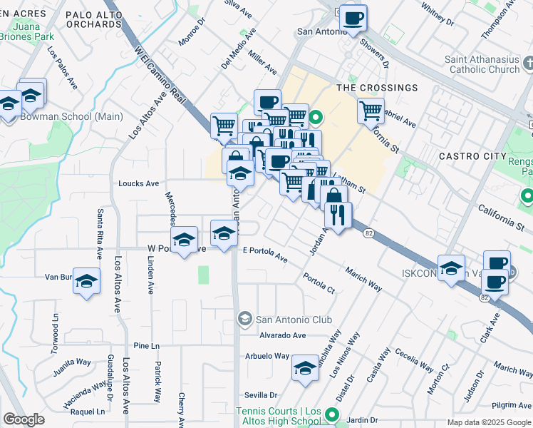 map of restaurants, bars, coffee shops, grocery stores, and more near 33 Los Altos Square in Los Altos