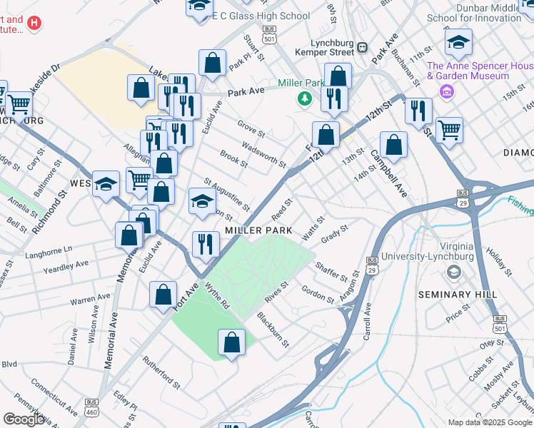 map of restaurants, bars, coffee shops, grocery stores, and more near 1301 Kimball Avenue in Lynchburg
