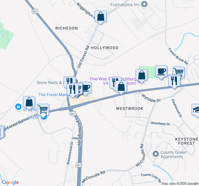 map of restaurants, bars, coffee shops, grocery stores, and more near 15 Countryplace Lane in Lynchburg