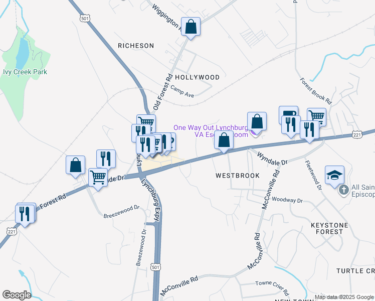 map of restaurants, bars, coffee shops, grocery stores, and more near 2346 Lakeside Drive in Lynchburg